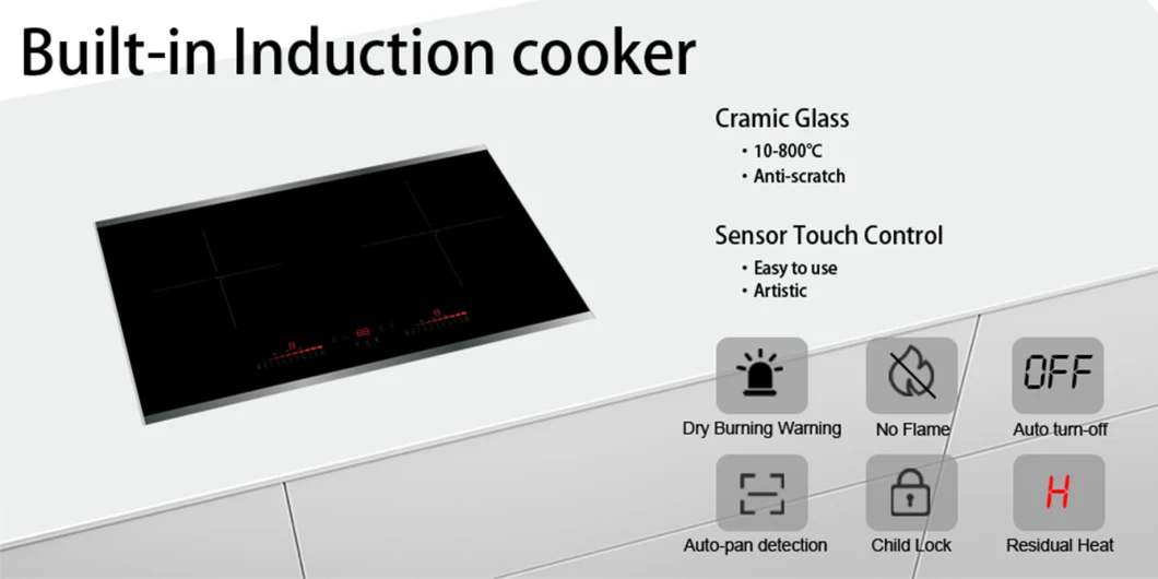 Household 220V Single Switch Inverter Drop in 2 Zones Induction Burner with Black Ceramic Glass